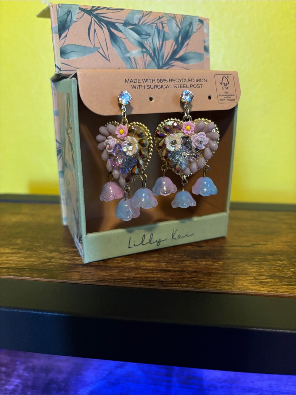 Pastel Pink & Lavender Floral Heart Drop Earrings